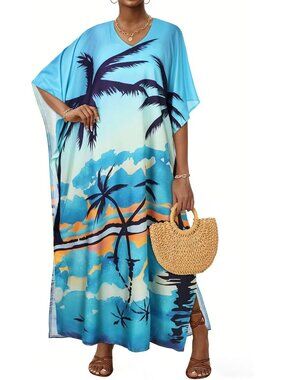 Women's Blue Coconut Tree Plus Size V Neck Caftan Long Batwing Sleeve Cover Up